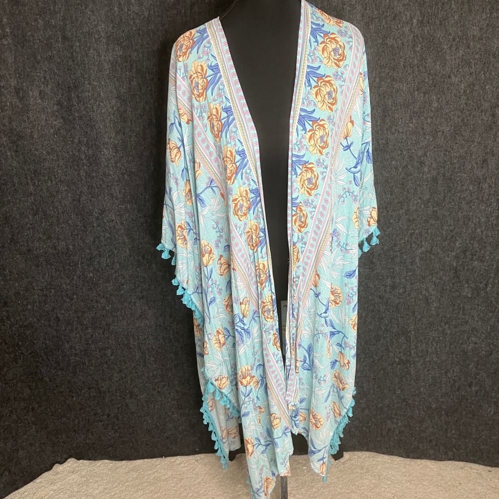 GIGIO USA Women Blue Floral Tassel Trim Kimono Wrap Cardigan Cover Up TK1033 M